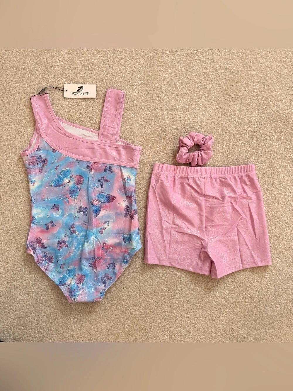 Girls' NEW Pink Butterfly Leotard / Unitard Set w Shorts & Scrunchie NWT age 6-7